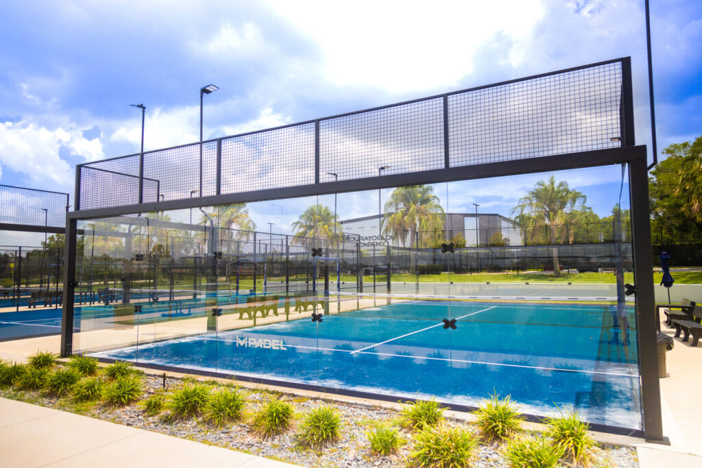 Outdoor glass padel court with blue playing surface and palm trees at M Padel Zephyrhills.